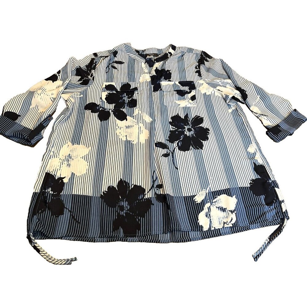 Cocomo Woman Blue White Striped Blouse 2X Roll Tab Sleeves Shirt Top Popover